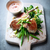 Lamb cutlets with harissa yogurt and 'midget trees'