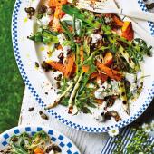 Warm squash and goats’ cheese salad with pumpkin seed crunch