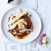 French toast with vanilla bean ice cream, toffee sauce and bananas