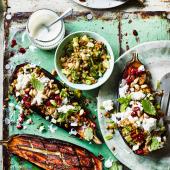 Baharat-spiced baked aubergines with feta, fennel and spelt