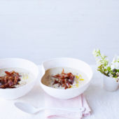 White bean soup with candied vanilla bacon