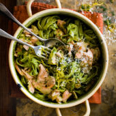 Salmon and watercress chilli pesto pasta