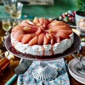 Spiced pear and ginger cheesecake with a dark chocolate crumb