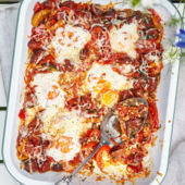 Chorizo baked eggs with peperonata