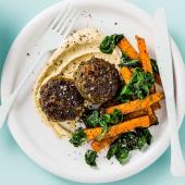 Spiced lamb patties with honey-roast butternut chips 