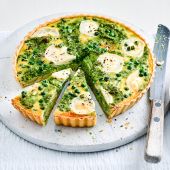 Goats’ cheese and pea pesto tart