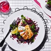 Cod loin with beetroot and lentil salad