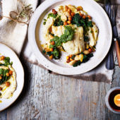 Hake, celeriac purée and balsamic chickpeas