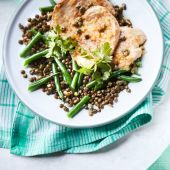 Pork with caper lemon sauce and green bean lentils