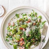 Minty pea and bacon gnocchi