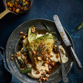 Savoy cabbage with celeriac purée and brown butter hazelnuts