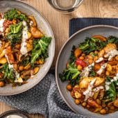 Tahini chicken, greens and beans