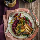 Butter-basted sage pork chops with beetroot purée and garlic chard