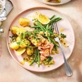 Salmon with lemon-olive butter and new potatoes