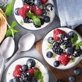 Yogurt mousse, berries and mint sugar