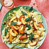 Peach, fennel and hazelnut salad with crispy sage
