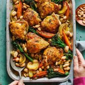 Golden chicken and bean traybake with sherry and sage dressing
