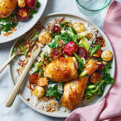 Chicken, smacked radishes and rice