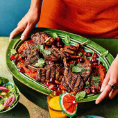 Lamb cutlets with romesco and sweet-and-sour grapes