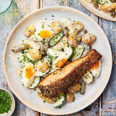 Furikake-crusted salmon and Japanese-style potato salad