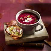 Beetroot soup with crème fraîche and feta toasts