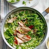Pea pesto risotto with honey roast salmon 