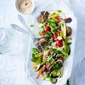 Falafel with avocado, roasted vegetables and tahini dressing 