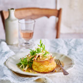 Twice-cooked goats’ cheese soufflés with apple and walnut salad