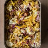 Sausage, cheddar and mushroom pasta bake 