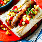 Sausages with spicy charred corn salsa