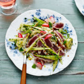 Warm pickled veg with seared tuna and herbs