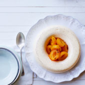Vanilla baked cream with poached apricots