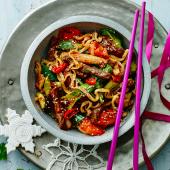 Korean barbecue beef stir-fry with noodles