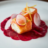 Smoked salmon with goats' cheese, lemon mousse and beetroot carpaccio
