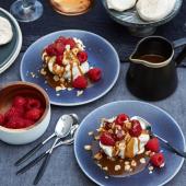 Meringues with hazelnuts, butterscotch and raspberries