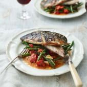Mackerel with garlicky beans