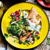 Radish, spring onion and watercress salad with baked trout