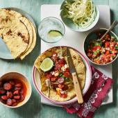 Chorizo tacos with salsa and feta