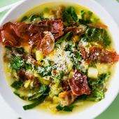 Leek and apple minestrone with crispy Parma ham