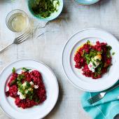 Beetroot and goats' cheese risotto with mint gremolata