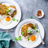 Curried halloumi fritters, raita and fried egg