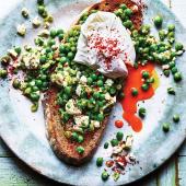 Pea and feta smash with poached eggs on toast