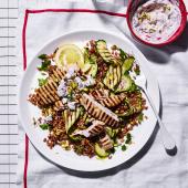 Griddled chicken and courgettes with pistachio yogurt dressing