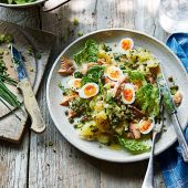 Warm Jersey Royal salad with hot-smoked trout and herby vinaigrette