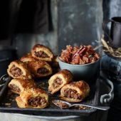 Jerk sausage rolls with pineapple chutney