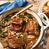 Balsamic beef short ribs with haricot beans and spinach
