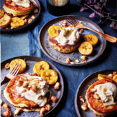 Plantain soufflé pancakes with peanut crumble