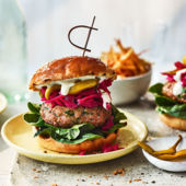 Smoky lamb burger with pickled red cabbage, chilli and garlic sauce