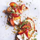 Creamy cheese toast with roast plums and pistachio dukkah