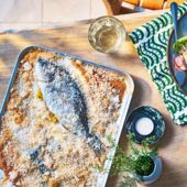 Salt-baked bream with pickled radish and pea salad